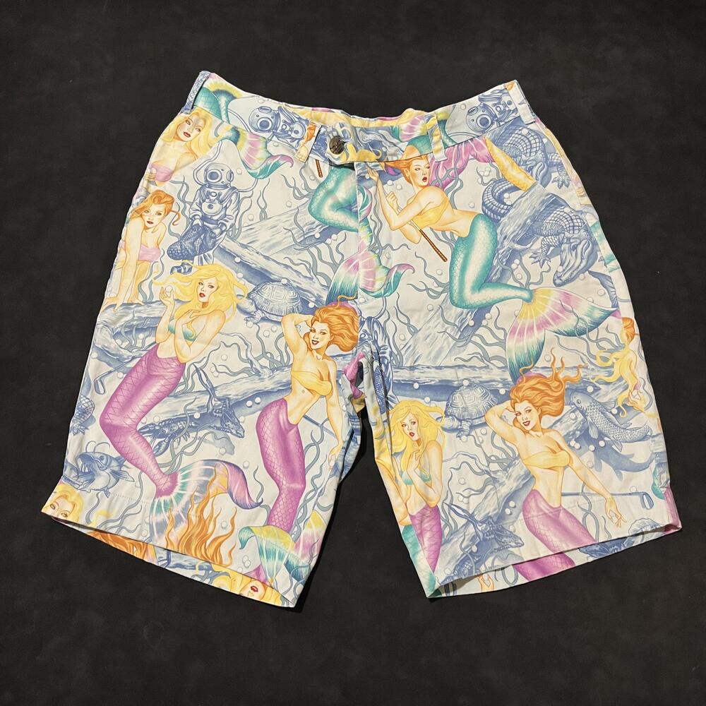 Loudmouth Shorts Mens 32 Mermaid Print Multicolor Cotton Stretch Golf Party Fun
